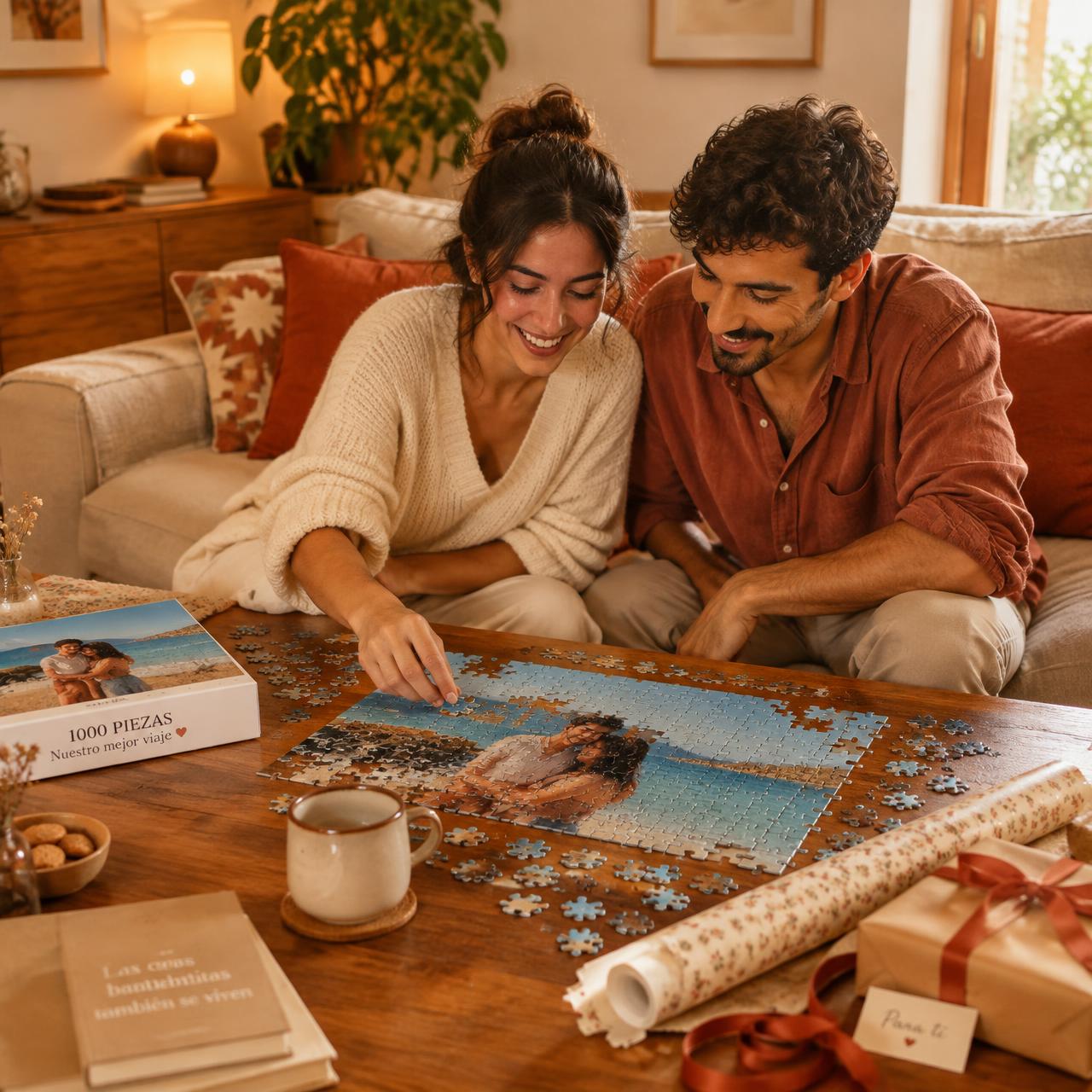 Pareja montando un puzzle con su foto de viaje